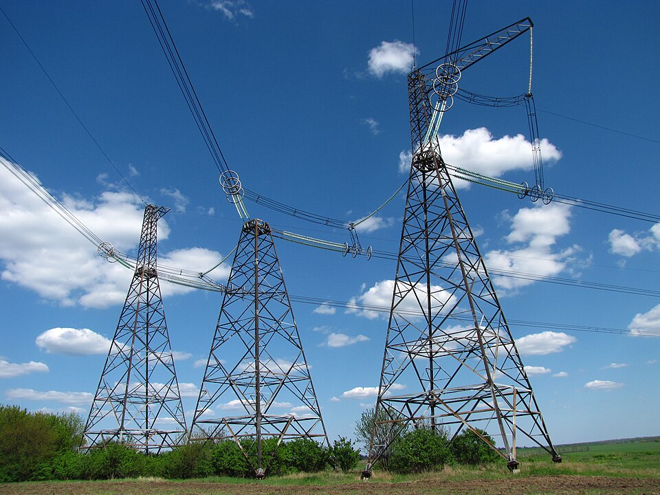 A high-voltage transmission tower with power lines